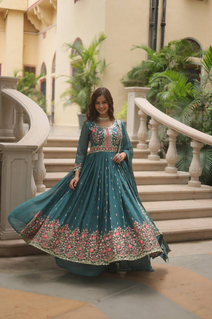 Pure Georgette Embroidery Latest Designer Chiken Work Gown for women