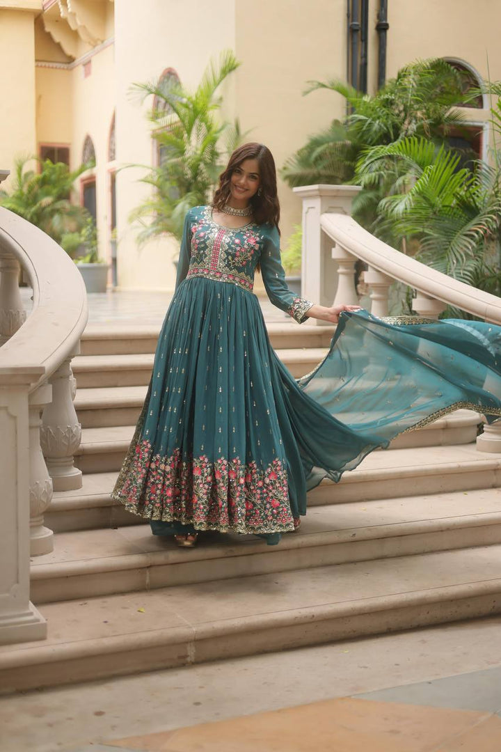 Pure Georgette Embroidery Latest Designer Chiken Work Gown for women