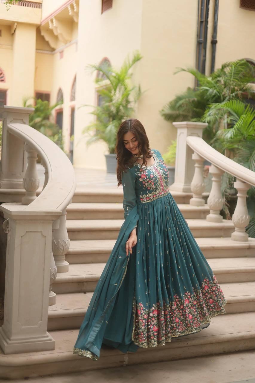 Pure Georgette Embroidery Latest Designer Chiken Work Gown for women