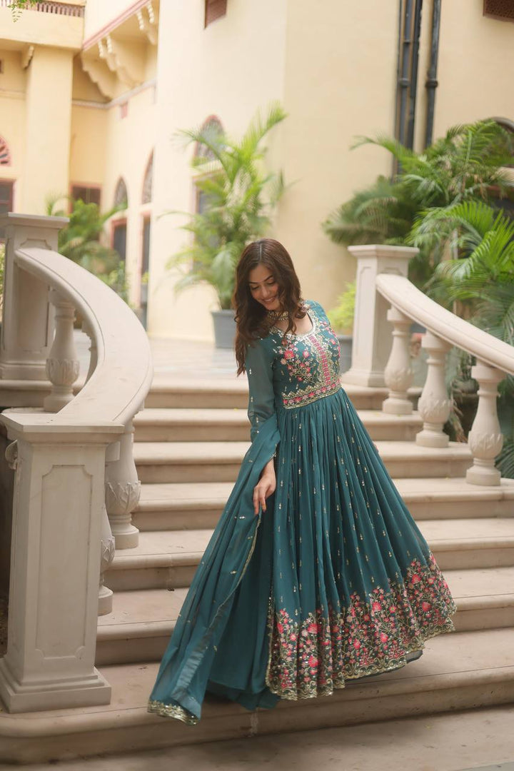 Pure Georgette Embroidery Latest Designer Chiken Work Gown for women