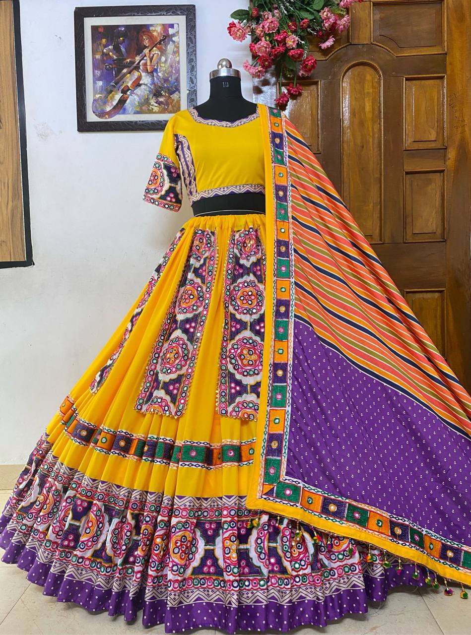 yellow Color Mirror Jardoshi Work Net Lehenga Blouse Design for bride