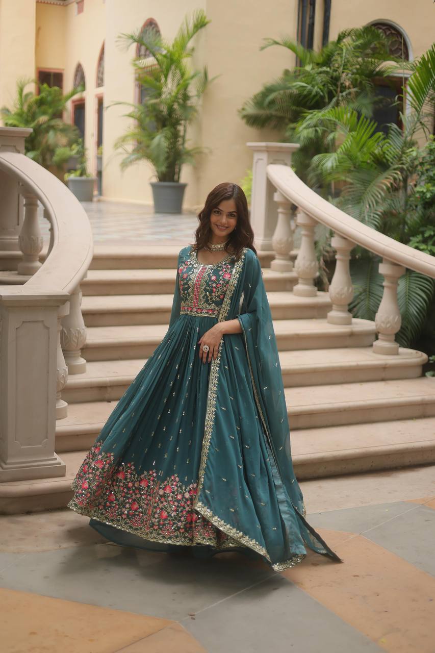Pure Georgette Embroidery Latest Designer Chiken Work Gown for women
