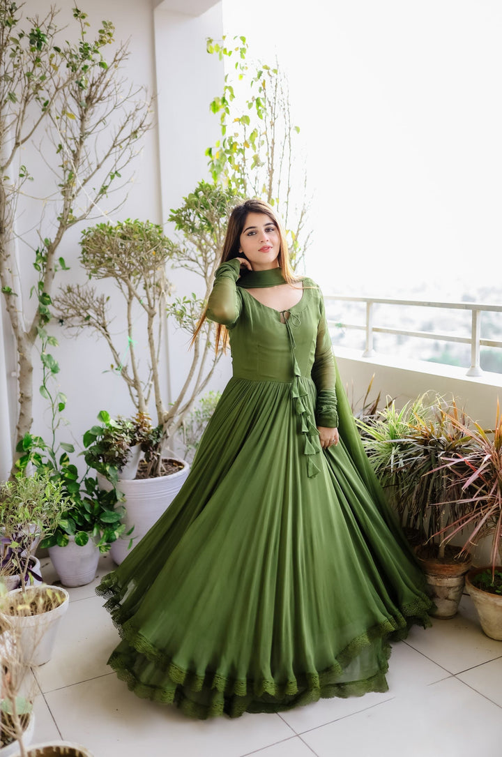 Pure Silk Printed Hand Work Latest Designer Gown for girls