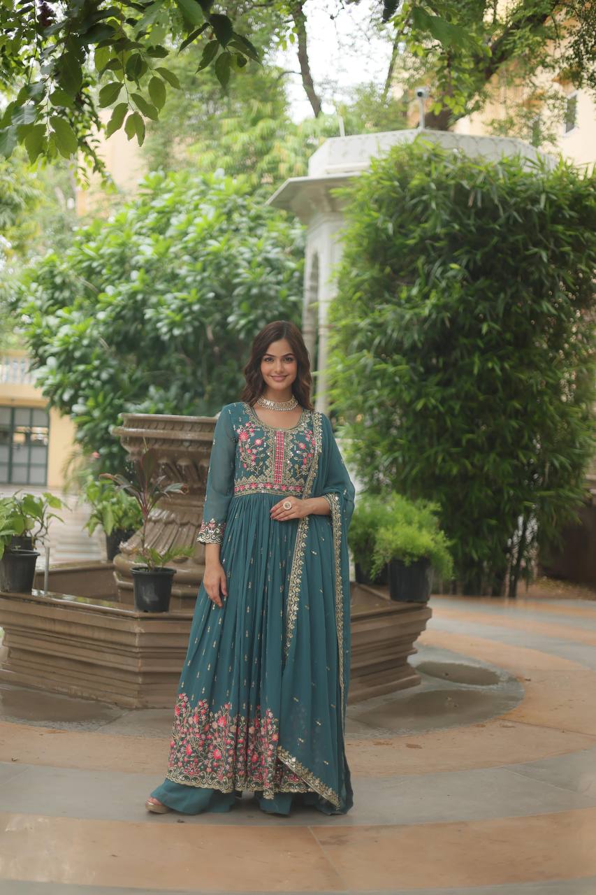 Pure Georgette Embroidery Latest Designer Chiken Work Gown for women
