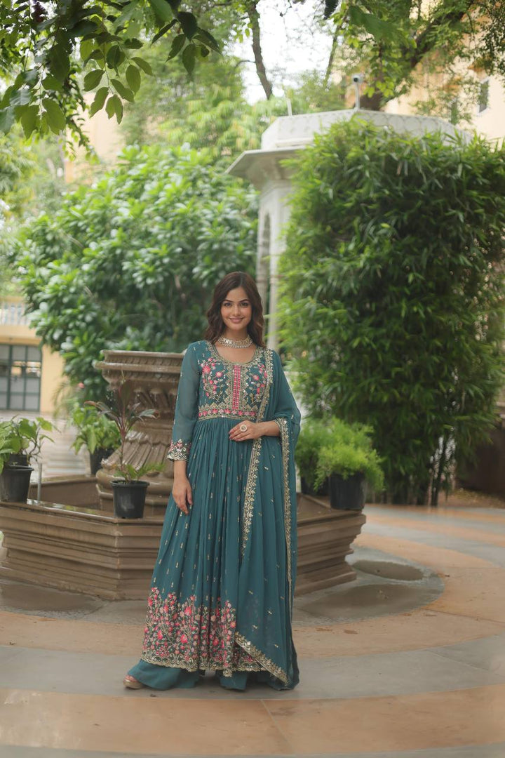 Pure Georgette Embroidery Latest Designer Chiken Work Gown for women