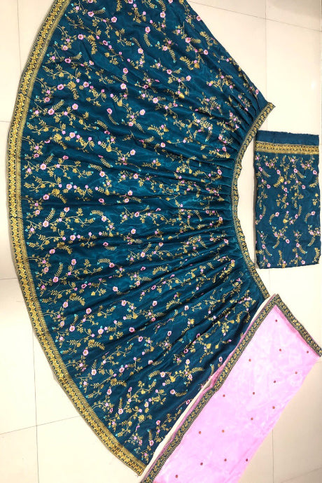 green ,pink color Awesome Designer One Piece Embroidery Work Soft Silk Lehenga choli for girls