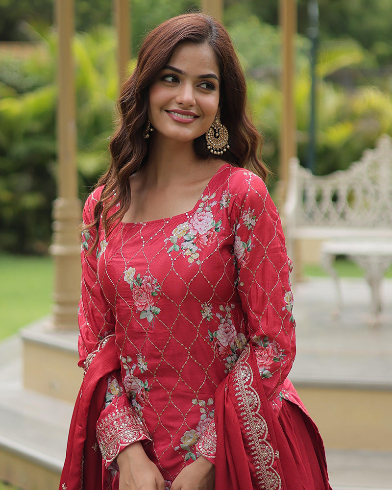 Printed red Color Cotton Linen Saree