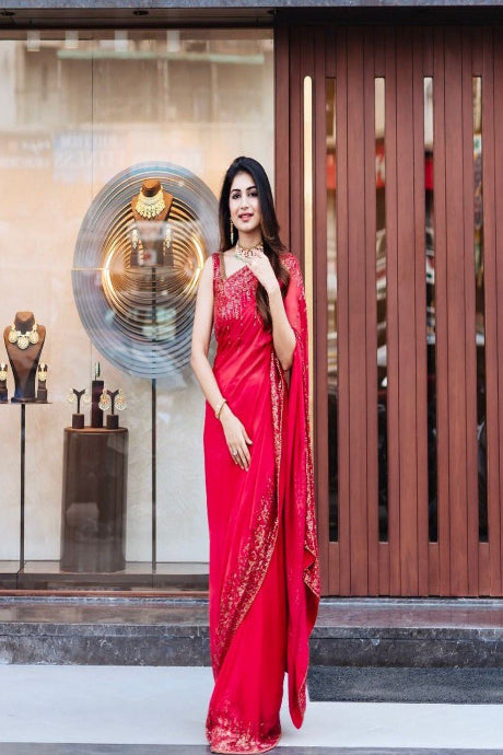 red Color Soft Art Silk Embroidery Work saree for women