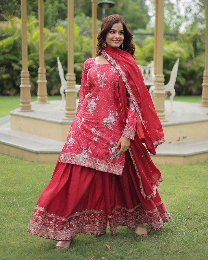 Printed red Color Cotton Linen Saree