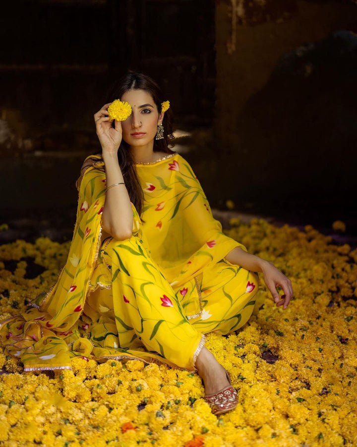 Yellow Color Mirror Party Wear Trendy Suits Designs