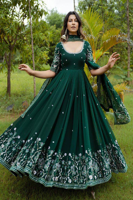 Art Silk Embroidery green color lehenga for bride