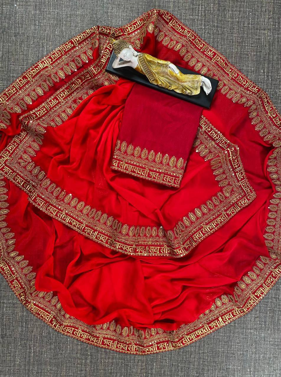 red Color Zari Round Flair Jardoshi Mirror Work saree for women