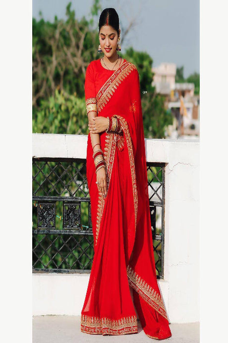 red Color Zari Round Flair Jardoshi Mirror Work saree for women
