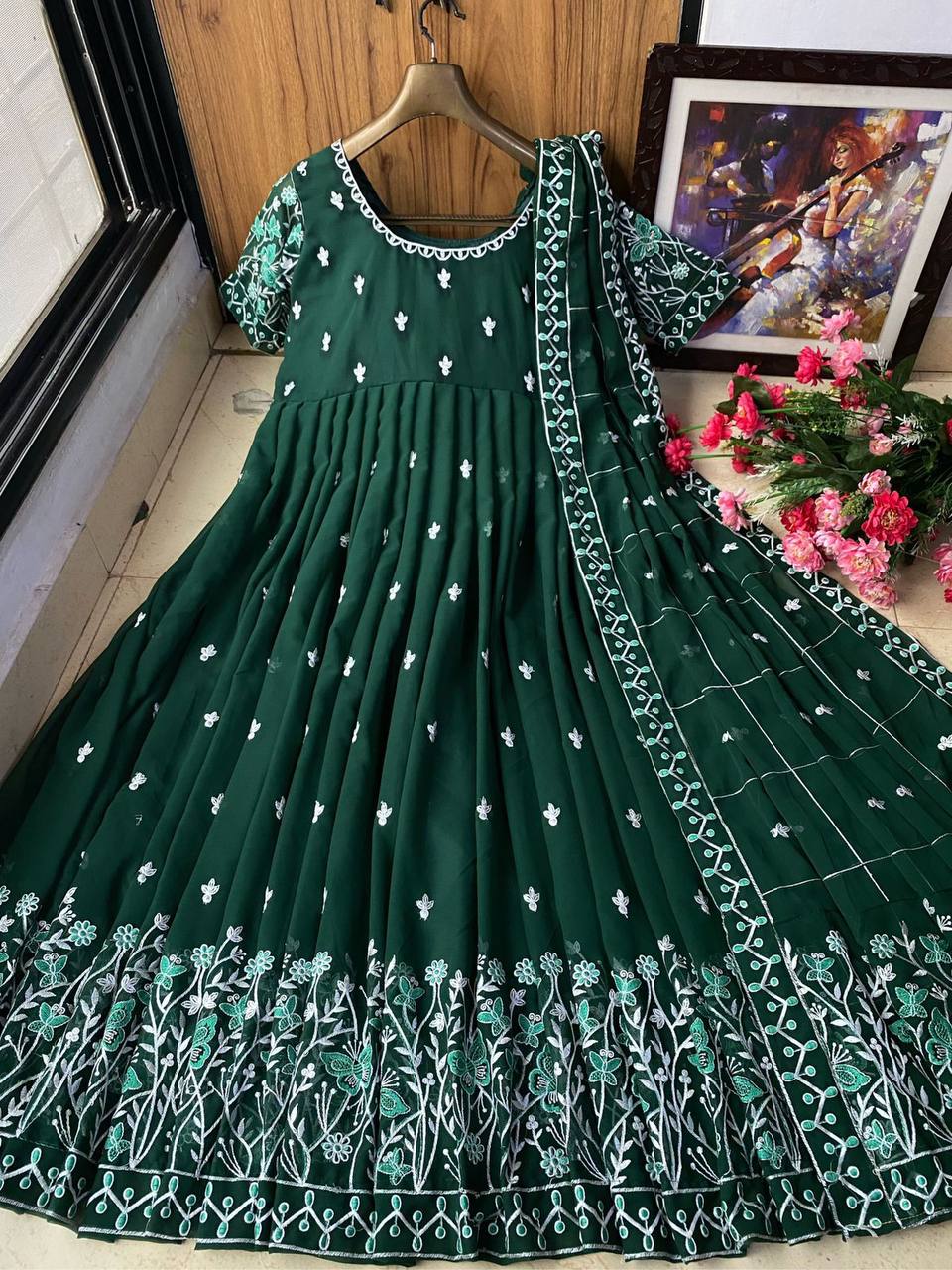 Art Silk Embroidery green color lehenga for bride
