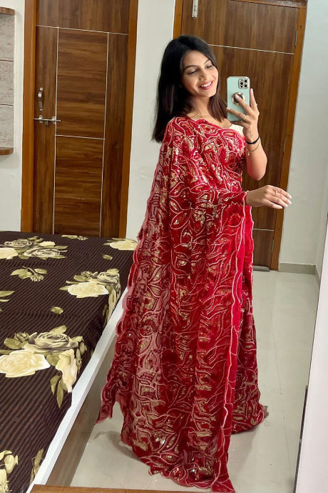 red color Bangalore Silk Jequard Work saree for women