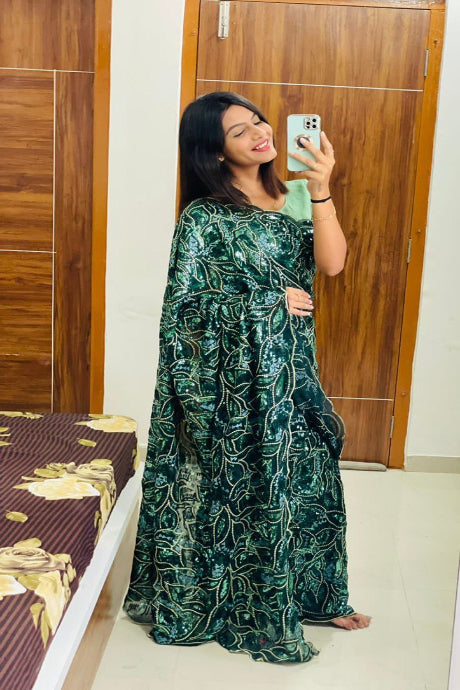 green Color Ari Work Silk Occasion Wear saree for women