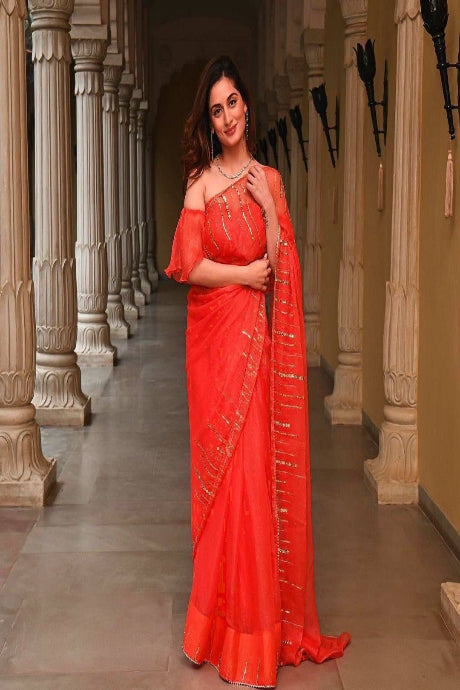orange color Latest Designer Golden Jardoshi Embroidery Work saree for women