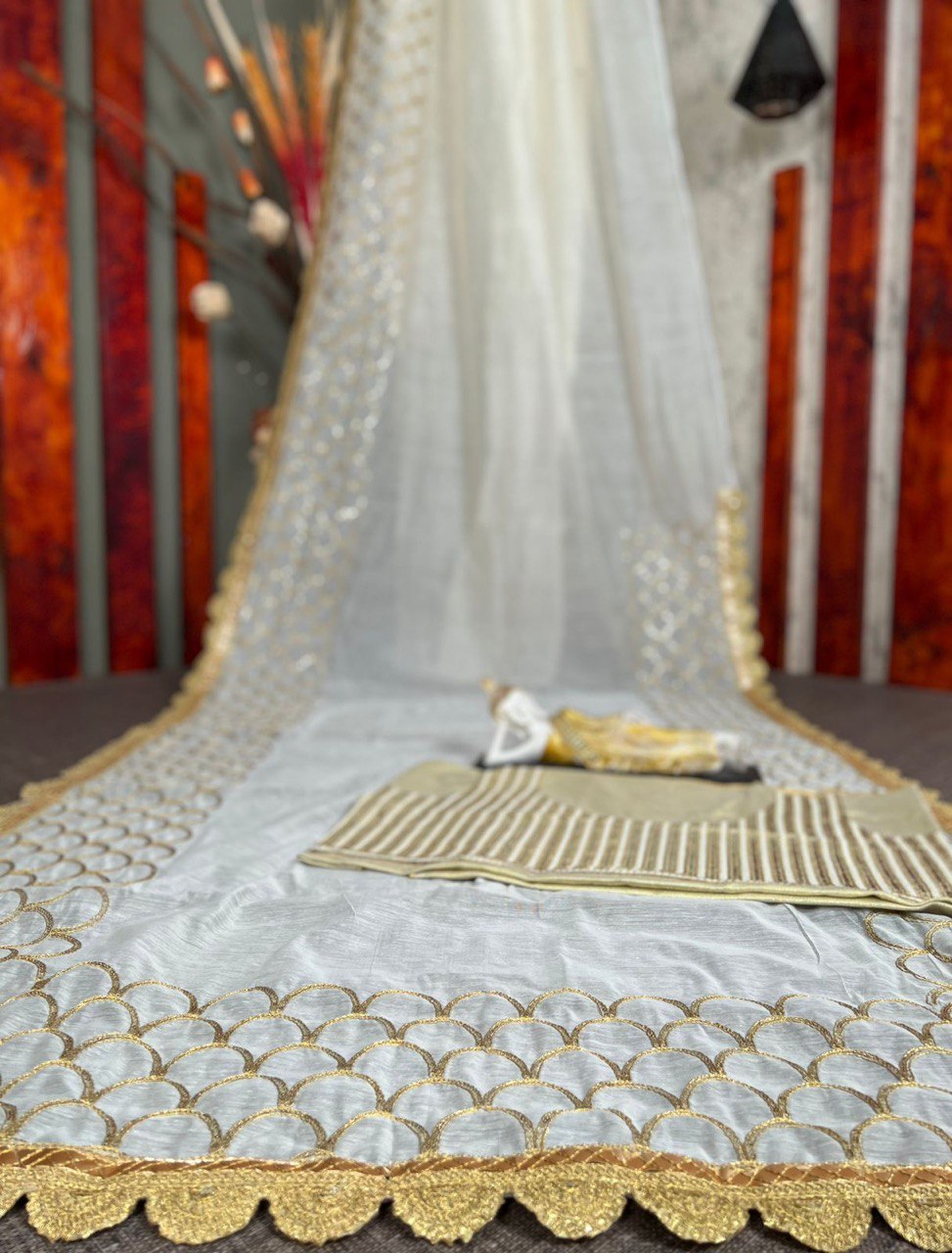 white color Creap Silk Cut Work saree for women