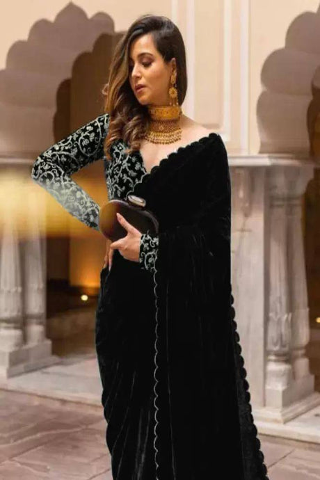 black color Embroidery Work Satin With Rani Blouse Design saree for women