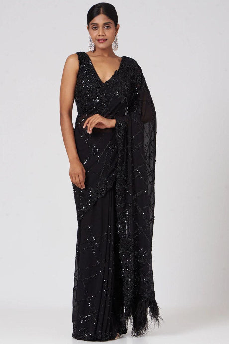 Embroidered Attractive Party Wear Silk black saree foe women