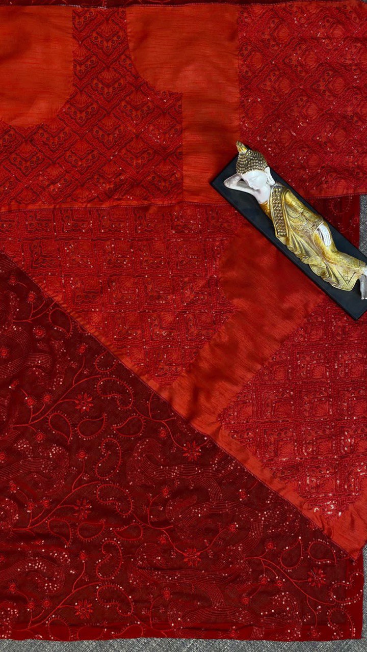 red color Attractive Party Wear Organza Embroidery Work saree for women