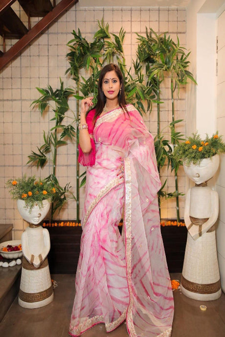 multi Color Organza Silk Embroidery Work saree for women