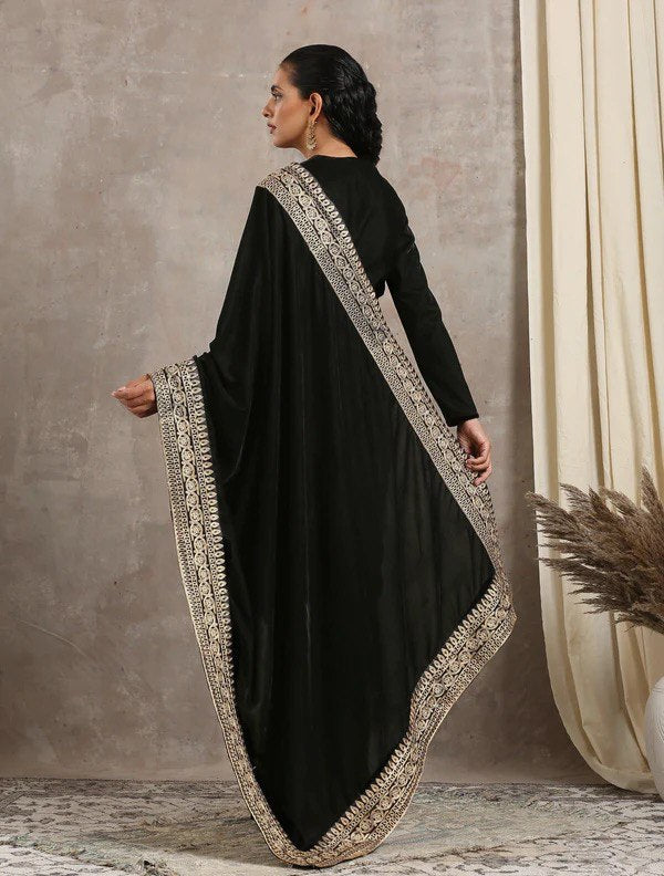 Art Silk Embroidery Mirror Work black color saree for women