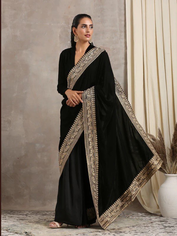 Art Silk Embroidery Mirror Work black color saree for women