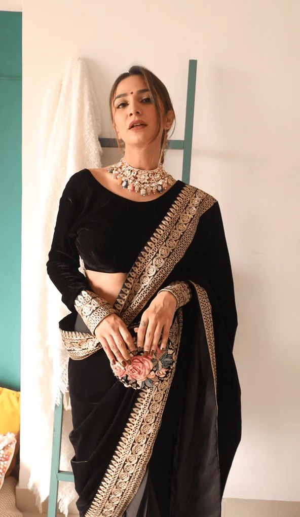 Art Silk Embroidery Mirror Work black color saree for women