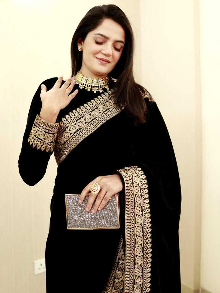 Art Silk Embroidery Mirror Work black color saree for women