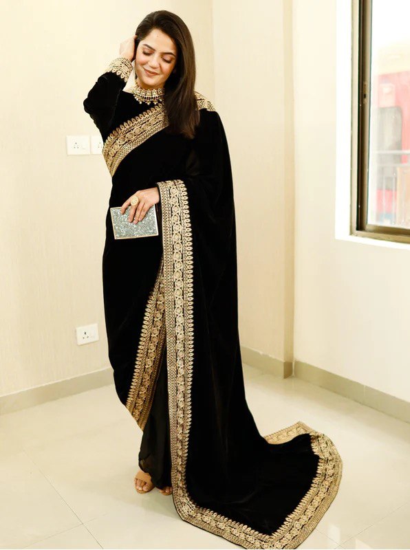 Art Silk Embroidery Mirror Work black color saree for women