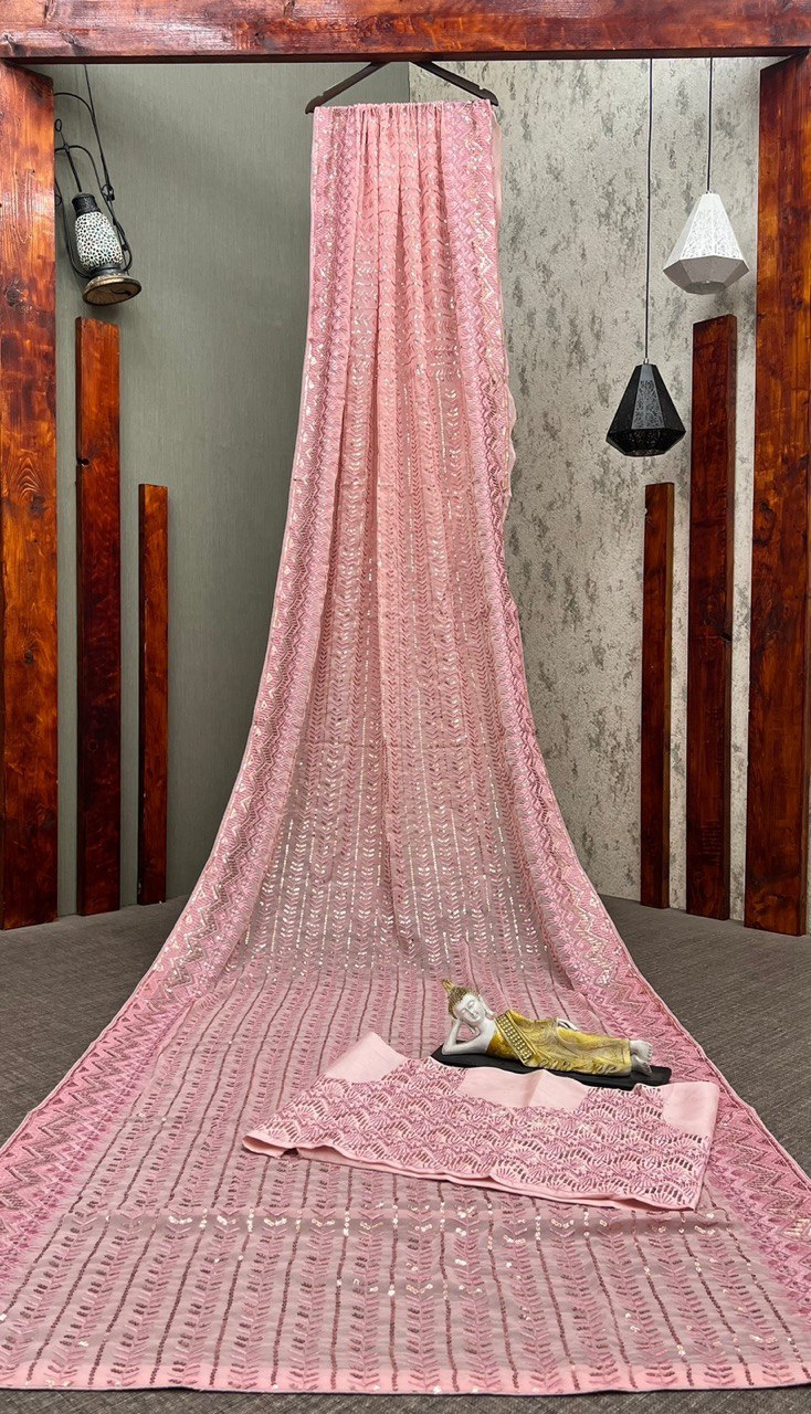 pink color Velvet Frill Embroidery Work Designer saree for women
