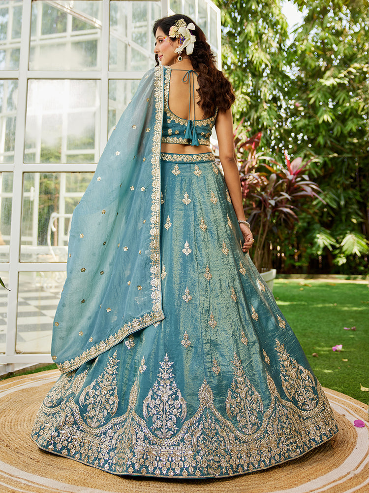 sky blue color Work Soft Silk Embroidery Work Lehenga Choli For Girls & bride