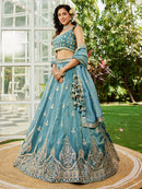 sky blue color Work Soft Silk Embroidery Work Lehenga Choli For Girls & bride