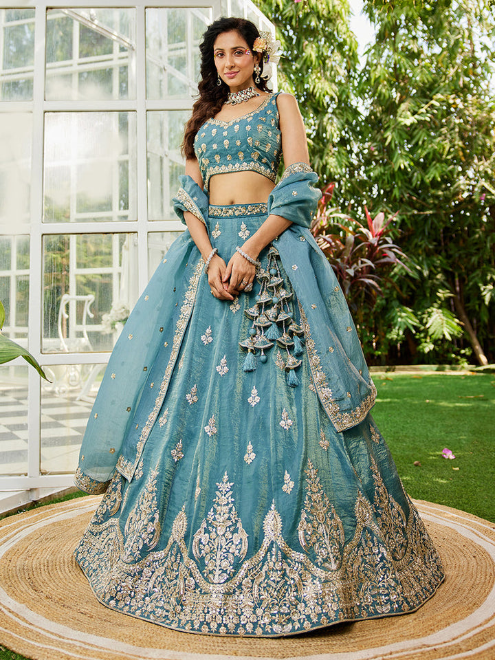 sky blue color Work Soft Silk Embroidery Work Lehenga Choli For Girls & bride