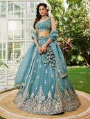 sky blue color Work Soft Silk Embroidery Work Lehenga Choli For Girls & bride