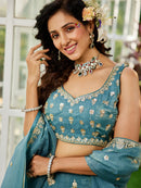sky blue color Work Soft Silk Embroidery Work Lehenga Choli For Girls & bride