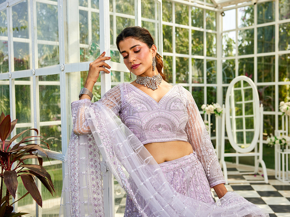 Cherubic light purple Color Velvet Lehenga Choli Design Collection for bride