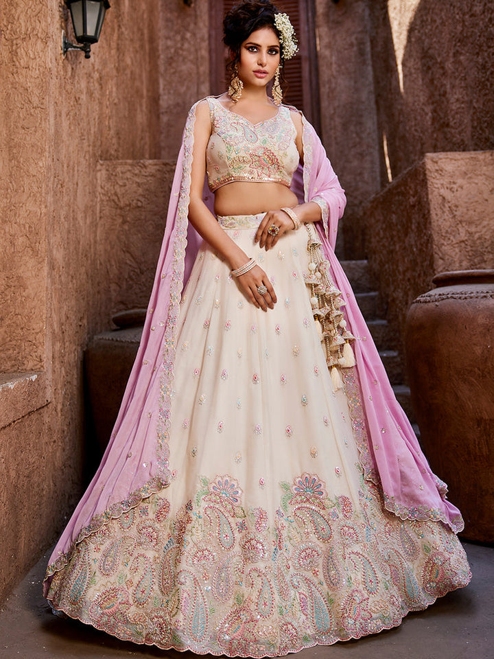 white color Heavy Box Pattern Round Net Lehenga for bride