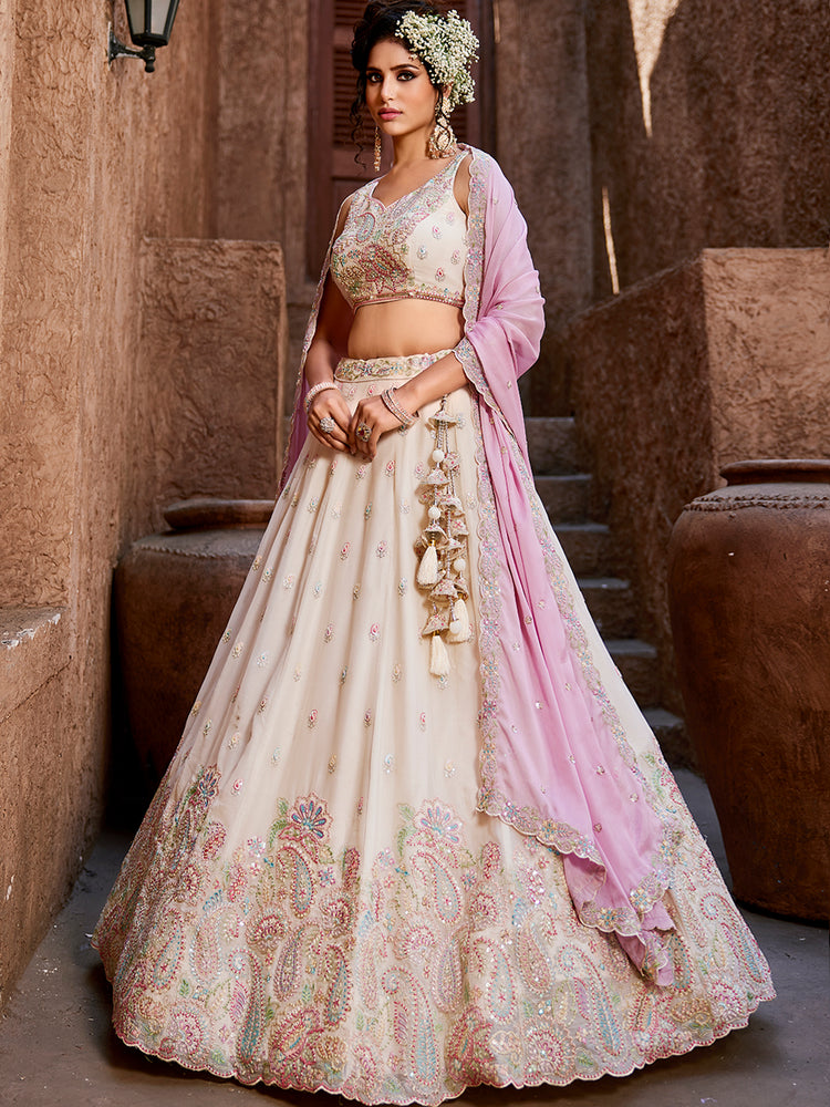 white color Heavy Box Pattern Round Net Lehenga for bride