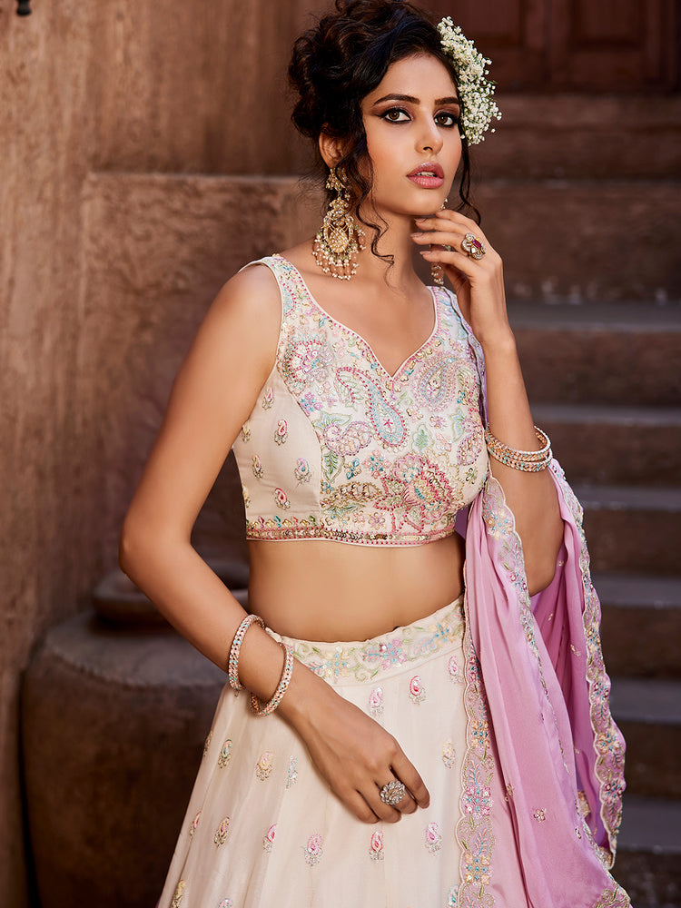 white color Heavy Box Pattern Round Net Lehenga for bride