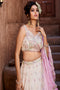 white color Heavy Box Pattern Round Net Lehenga for bride