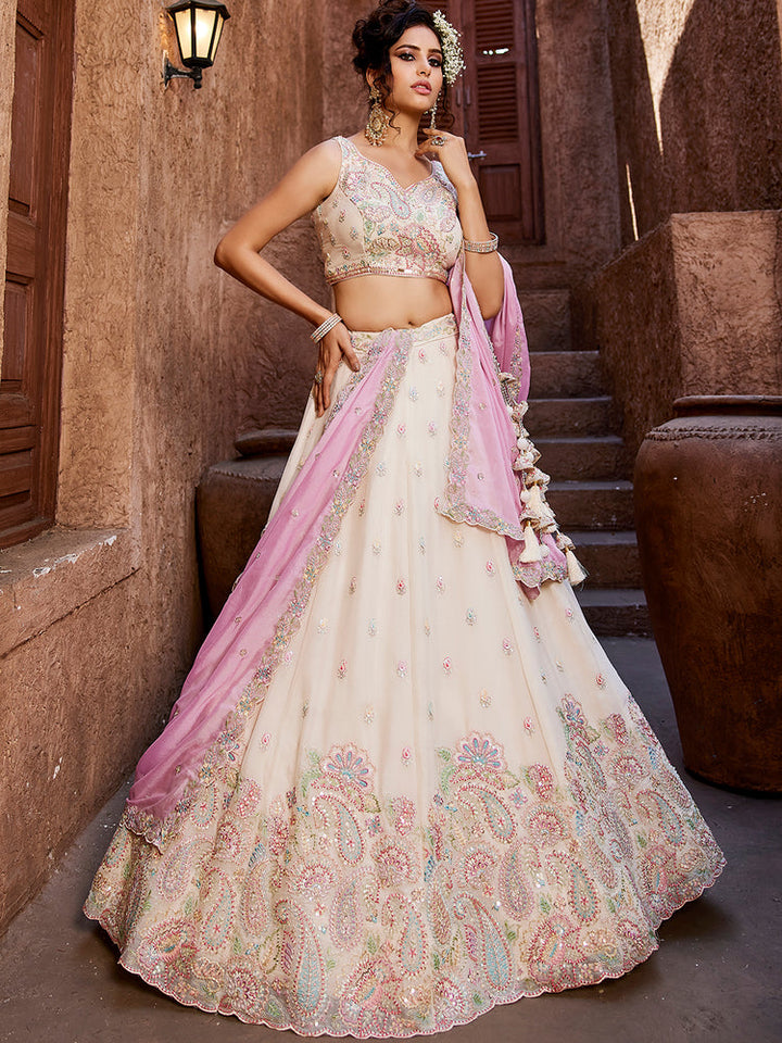 white color Heavy Box Pattern Round Net Lehenga for bride