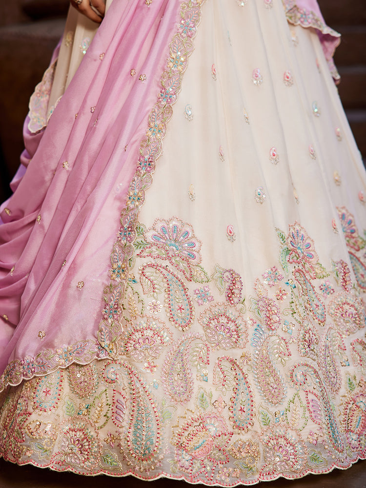 white color Heavy Box Pattern Round Net Lehenga for bride