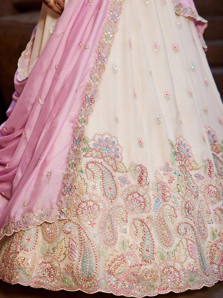 white color Heavy Box Pattern Round Net Lehenga for bride