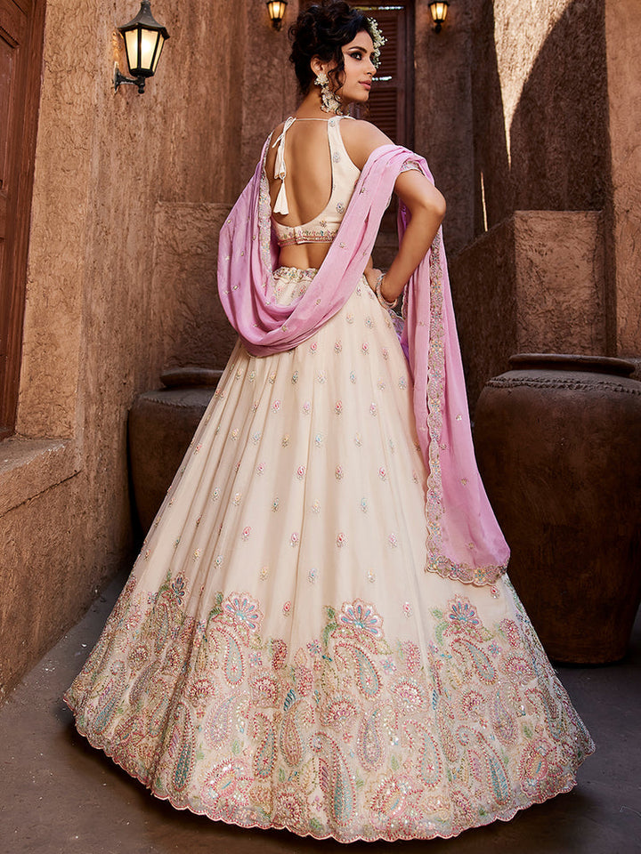 white color Heavy Box Pattern Round Net Lehenga for bride