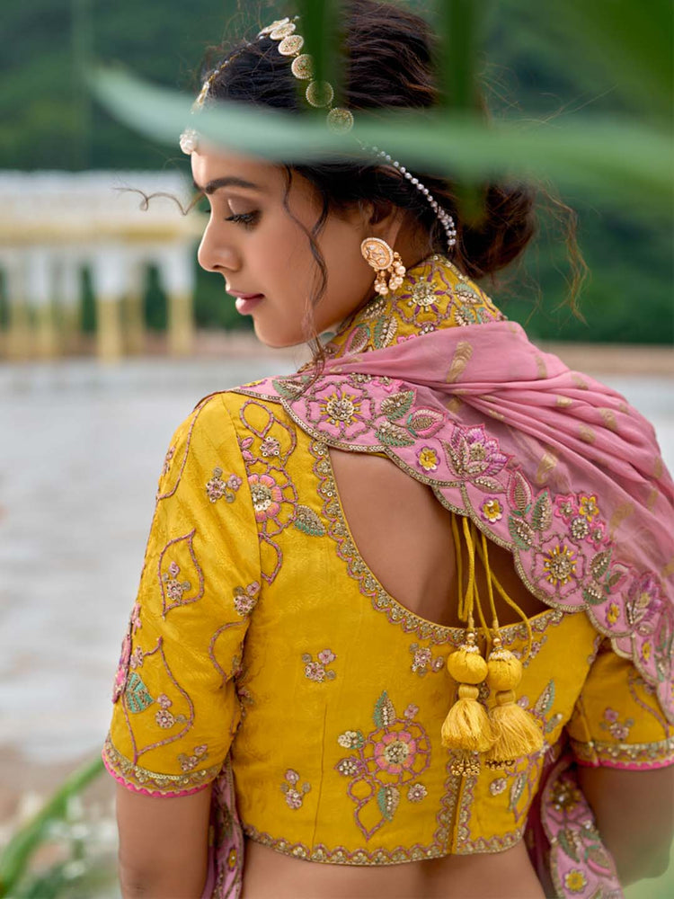 yellow color Embroidered Attractive Silk Lehenga Choli Bridal