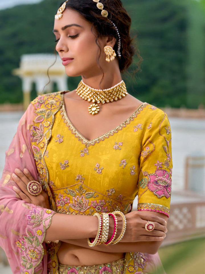 yellow color Embroidered Attractive Silk Lehenga Choli Bridal