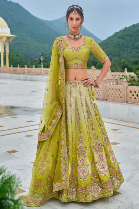 Attractive Party Wear perrot green Lehenga Choli In Low Price for bride