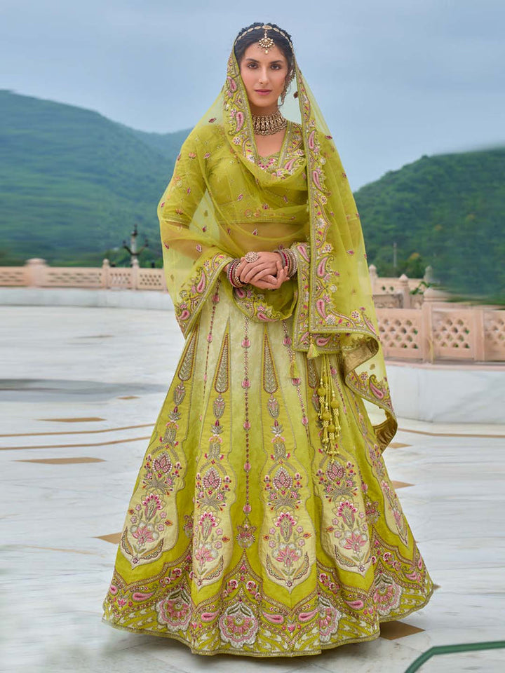 Attractive Party Wear perrot green Lehenga Choli In Low Price for bride